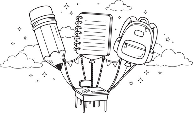 School supplies floating in hot air balloon parade