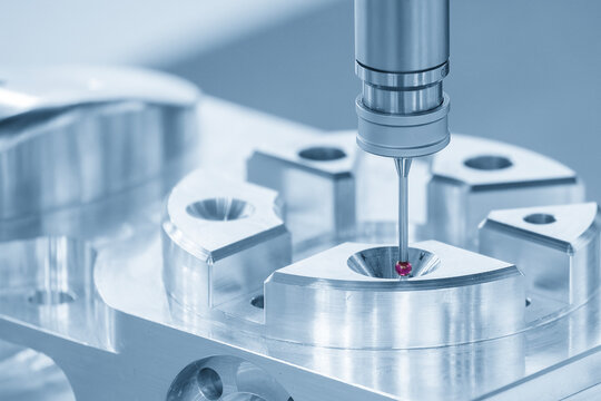 CMM probe measuring precision aluminum parts during quality control inspection in blue tone