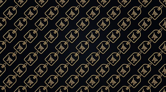Golden shopping tag pattern with cart icons on black background