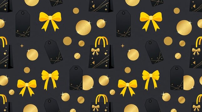 Black and gold seamless shopping pattern with luxury gift elements