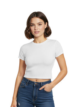 Woman in Short T-Shirt and Blue Jeans on White Background