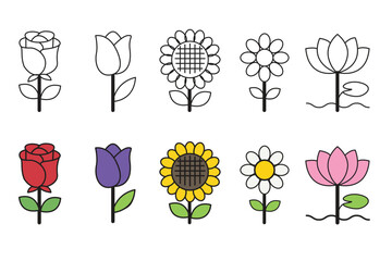 Fototapeta premium Cute Flower Icon Set with Rose, Tulip, Sunflower, Daisy and Lotus Illustrations