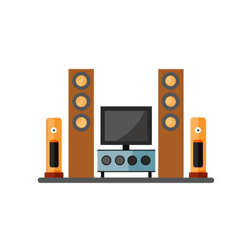 Modern home theater system vector illustration with wooden speakers and flat screen TV isolated
