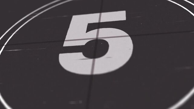 Vintage film countdown leader 10 to 0 animation. Retro cinema movie timer overlay with scratches and noise.