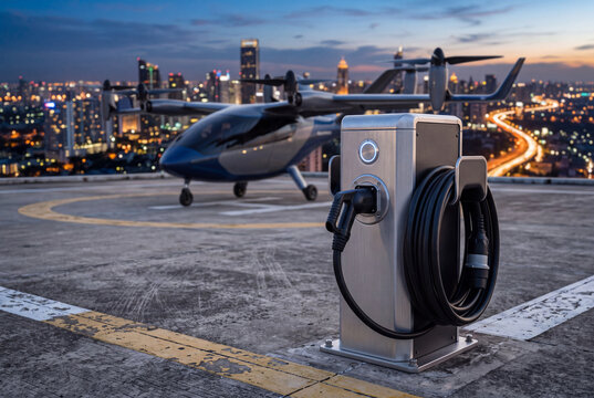 Electric Vertical Takeoff Aircraft Charging Port with Retracted Cable on Helipad &ndash; 5K Urban Air Mobility Infrastructure