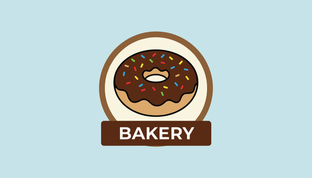 Circular bakery logo badge featuring a sweet chocolate doughnut with colorful sprinkles on a soft blue background.