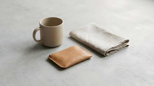 Minimalist beige mug linen cloth and leather pouch on concrete