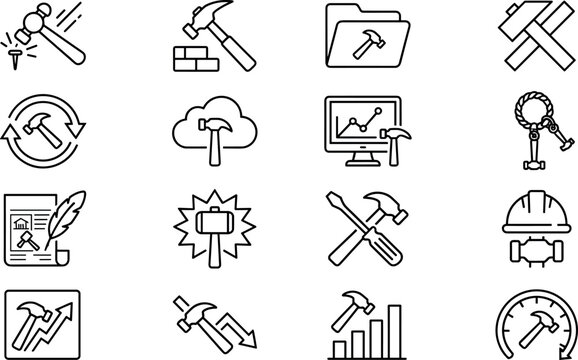 Carpentry hammer and hardware repair tool vector outline icon set for home maintenance construction diagnostics web dashboard interface engineering design