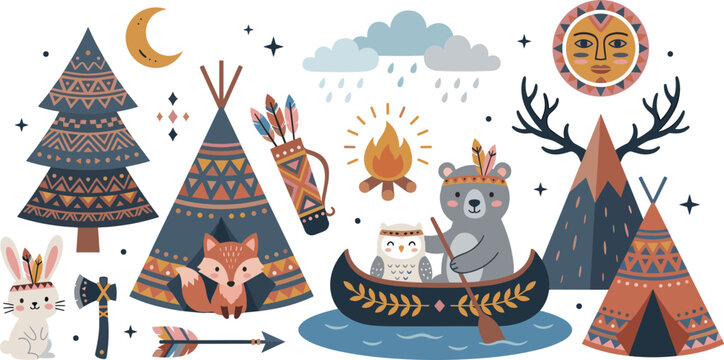 Cute tribal woodland animals vector illustration set with native american teepees campfire canoe bear fox owl and rabbit isolated on white background