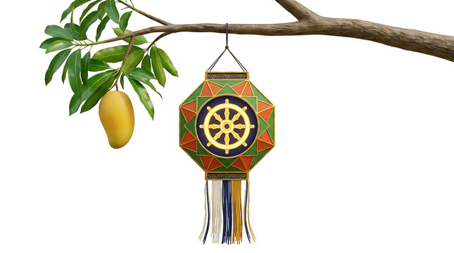 Illustrated Dharma wheel lantern hanging with orange and green patterns, isolated on transparent background for spiritual decor