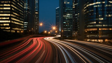 Naklejka premium Cityscape at Night with Streaking Car Lights and Illuminated Skyscrapers.
