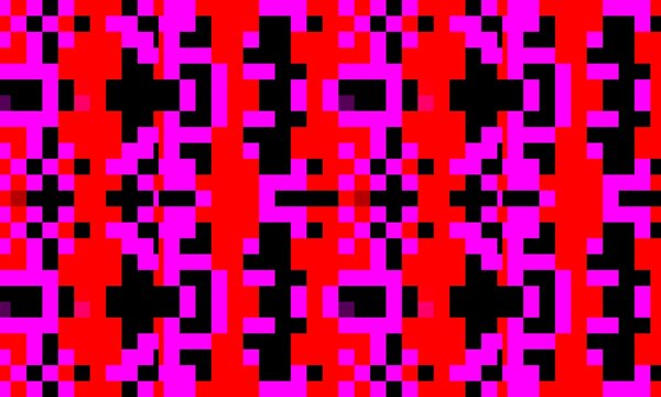 Seamless neon magenta pink and vibrant red pixel art pattern with symmetric arcade grid motifs on a black background