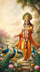 Fototapeta premium Hindu deity lord krishna standing peacefully among peacocks and blossoming lotus flowers in a natural forest setting with indian mythology spiritual artwork krishna art
