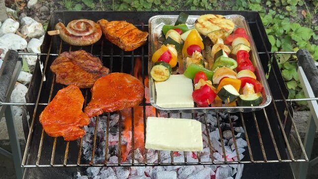 Grillen von Fleisch und Gem&uuml;se auf einem Holzkohlengrill