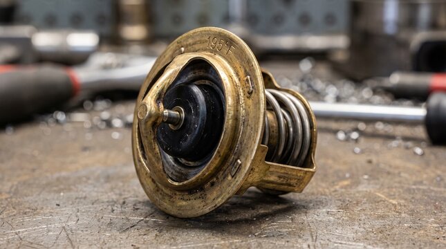 Close-up of a used 195?F car engine thermostat on a dirty workshop bench. Essential automotive part for engine cooling system temperature regulation and maintenance.