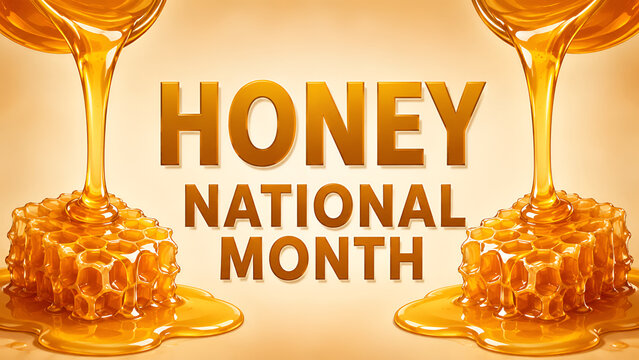 National Honey Month background with sweet golden honey pouring onto honeycombs