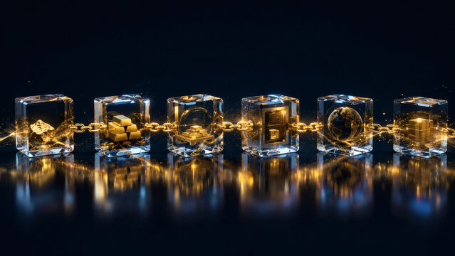 Blockchain technology concept featuring crystal glass blocks linked by golden chain containing gold bullion bars secure vault and digital globe on dark sleek surface