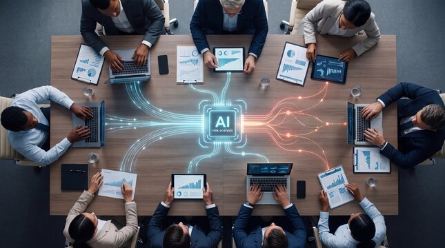 Collaboration of Professionals Analyzing Data and AI Technology in a Modern Conference Room Setting