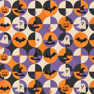 Geometric Halloween Seamless Pattern with Cute Ghosts, Pumpkins, Witch Hats, and Bats on Retro Circle Background