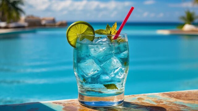 Alcoholic cocktail background swimming pool, summer drink fruit on vacation sea ocean AI Generative