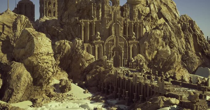 arched stone causeway crossing sandy ground toward monumental temple entrance, balustrade and span create immersive approach, mood of exploration and adventure,