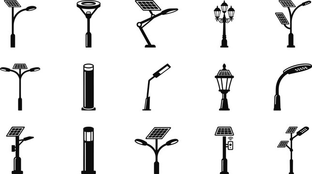 Solar Street Lamp Collection, Photovoltaic Outdoor Lights, Decorative Lanterns and Sustainable Urban Lighting Icons