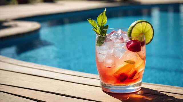 Alcoholic cocktail background swimming pool, summer drink fruit on vacation sea ocean AI Generative