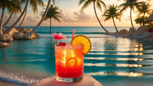 Alcoholic cocktail background swimming pool, summer drink fruit on vacation sea ocean AI Generative