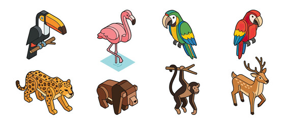 Naklejka premium Isometric Wild Animals Collection Isolated
