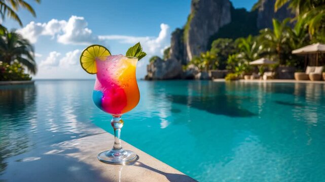 Alcoholic cocktail background swimming pool, summer drink fruit on vacation sea ocean AI Generative