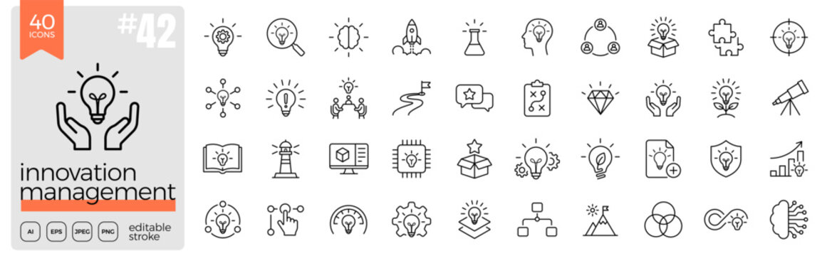 Innovation management line icon set. Creativity, ideas, technology, research, development, strategy, solution, brainstorming, growth, design, improvement. Editable stroke. Vector illustration.