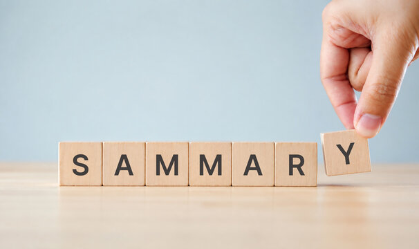 Summary text on wooden cube blocks. Past performance analysis for learning and improvement. Preparation for business plan and strategy development. Meeting, working, project summary report. 