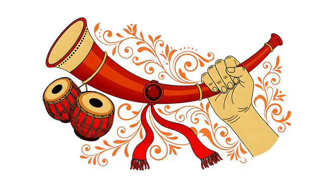 Illustrated hand playing traditional Indian drum PNG with red and yellow colors, isolated on transparent background for music design