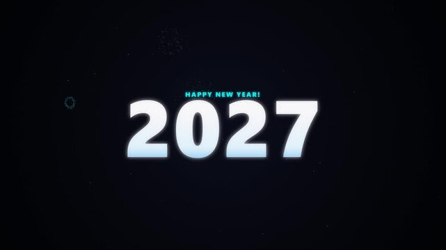 Glowing Bold Happy New Year 2027 Typography Animation with Subtle Colorful Fireworks and Twinkling Stars on Dark Blue Background for NYE Countdown and Holiday Greeting
