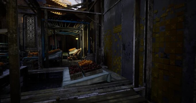 dusky market stall empty at dusk, dim corridors and stacked crates, subtle mood of closing hours, muted colors and deep shadows with hints of departing