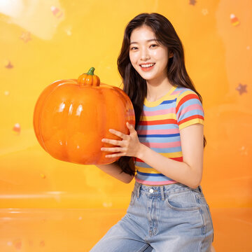 Smiling woman holding giant decorative pumpkin for halloween in bright high key portrait
