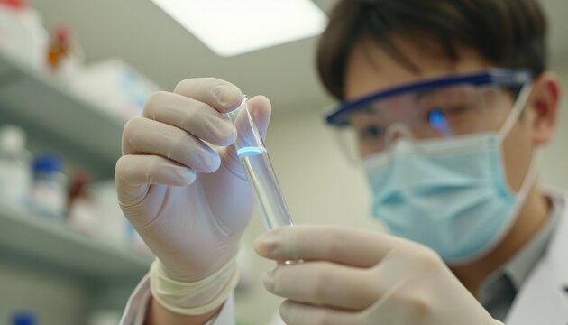 Close up of a scientist's gloved hand examining a test tube in a laboratory setting showcasing meticulous research and experimentation.