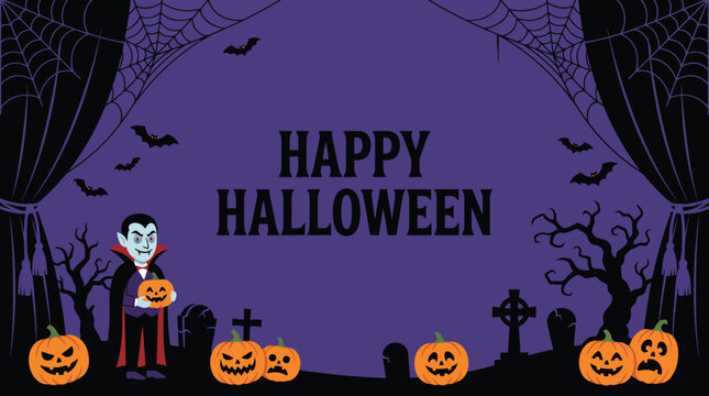 A festive purple halloween background featuring a cartoon vampire holding a pumpkin with spooky graveyard silhouettes and bats for holiday party invitations