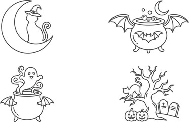 Fototapeta premium Halloween Line Art Set Witch Cat Cauldron Ghost and Graveyard Illustration