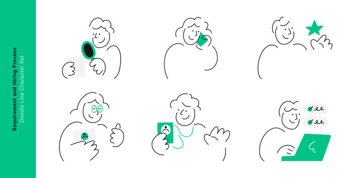 Recruitment and job hiring process concepts. Doodle line characters reviewing resume with magnifying glass, calling candidate, evaluating rating star, and checking tasks.
