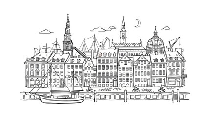 Obraz premium Charming European Cityscape Sketch with Harbor and Boats