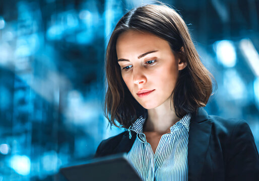 Confident businesswoman smiling use laptop in modern corporate office at night.