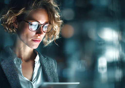 Confident businesswoman smiling use laptop in modern corporate office at night.