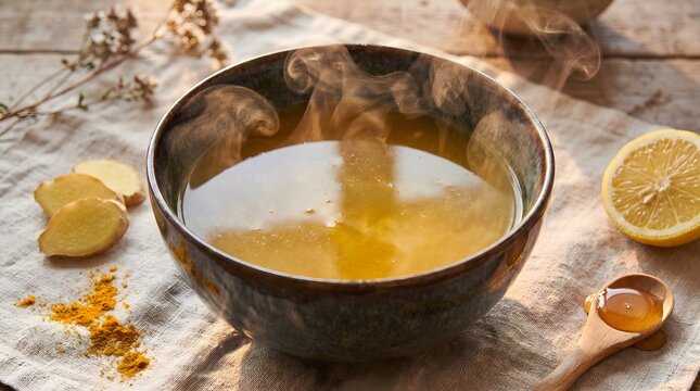 Steaming herbal tea in rustic ceramic bowl surrounded by fresh lemon slices ginger root and turmeric powder on textured linen cloth for natural wellness and comfort