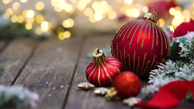 Rich red Christmas baubles with golden glitter accents rest on a rustic wooden surface, framed by frosted pine and berries, as warm lights twinkle behind for a festive, cozy holiday mood.