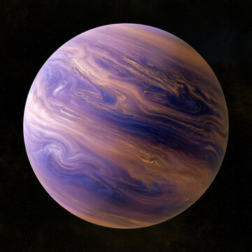 alien gas giant planet in outer space swirling purple and gold atmospheric clouds isolated on black starfield background 3D rendered digital art illustration of deep space astronomy discovery