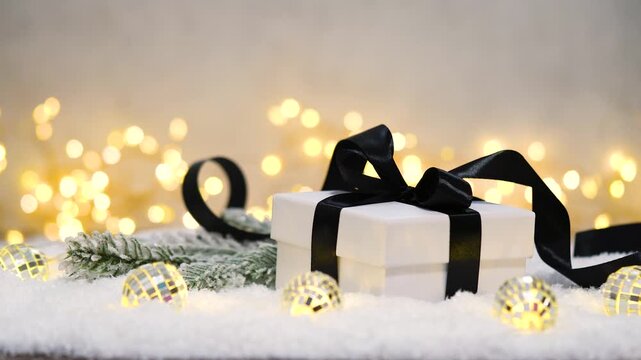 A chic white gift box tied with a black satin ribbon rests on soft snow beside frosted pine, as warm fairy lights twinkle behind, evoking modern luxury and festive gift-giving elegance.