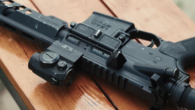 Close-up of a modern tactical rifle with optical sight resting on a wooden surface at an outdoor shooting range.