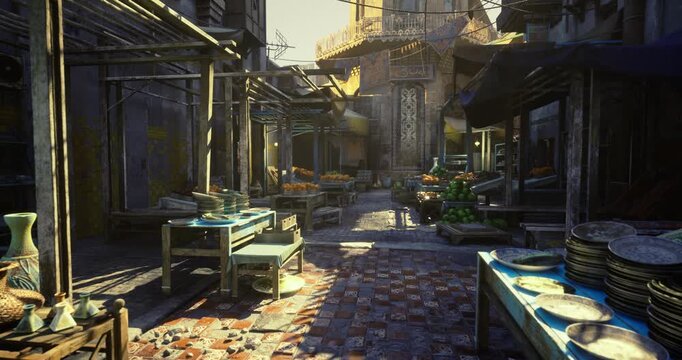 sunrise bazaar path with woven displays and long shadows, early vendors arranging fresh fruit and vegetables, warm directional glow, textured ground