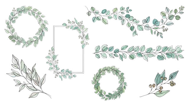 Eucalyptus Green Leaves Round Wreath, Garland, Border and Frame Continuous Line Art Vector Set with Color Accents, Isolated on Transparent Background